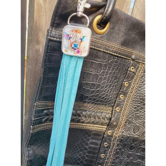 Handmade cow lover boho Leather Fringe Western bag charm, Long fringe keychain - Picture 3 of 4